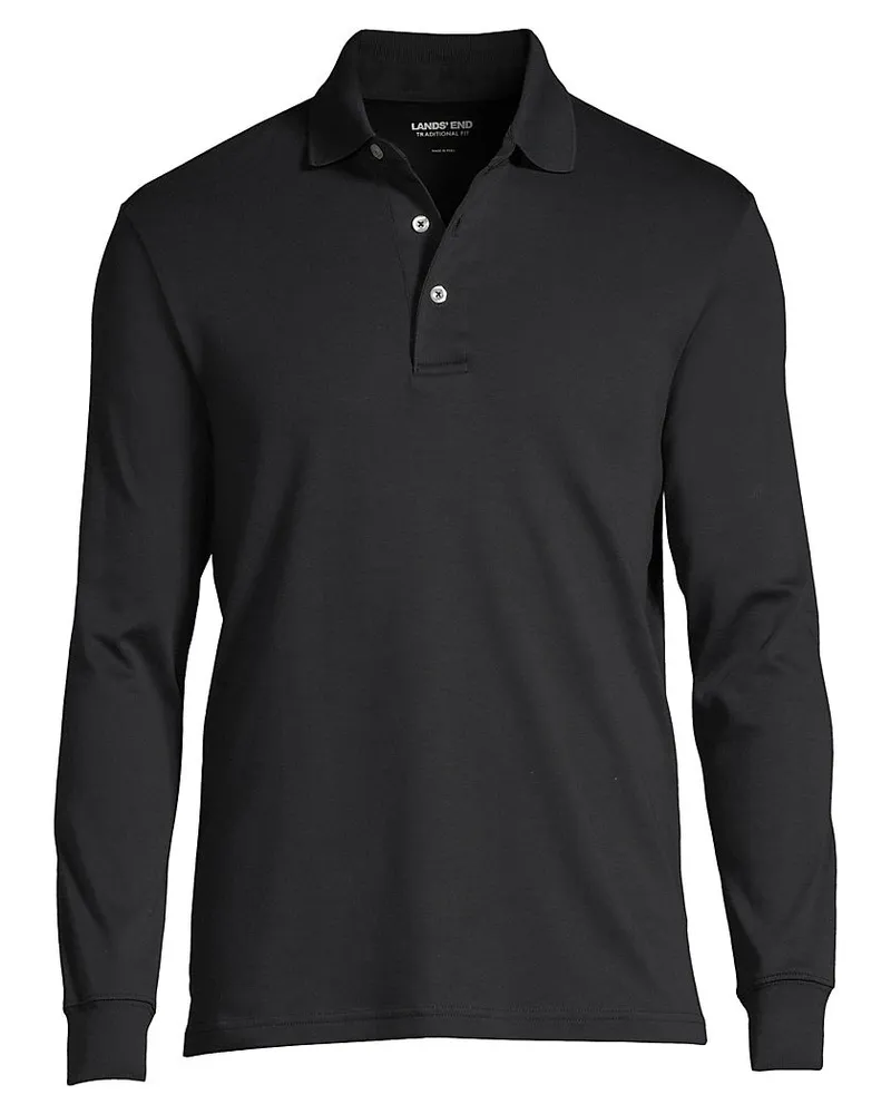 Lands' End Supima Langarm-Polo, Classic Fit, Herren, Größe regular, Schwarz, Baumwolle, by Schwarz