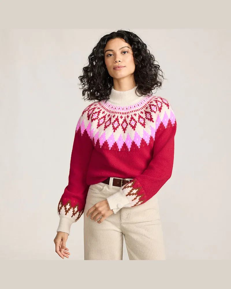 Lands' End Flauschiger Fair Isle Pullover mit Ballonärmeln, Damen, Größe regular, Rot, Polyester-Mischung/Nylon-Mischung, by Rot
