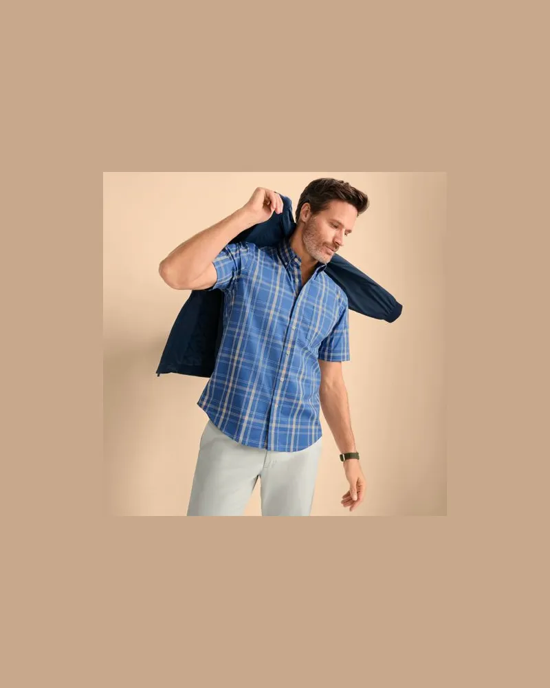 Lands' End Ultimativ-Hemd mit kurzen Ärmeln, Classic Fit, Herren, Größe:48-50 regular, Blau, Elasthan/Baumwoll-Mischung/Polyester-Mischung, by Blau