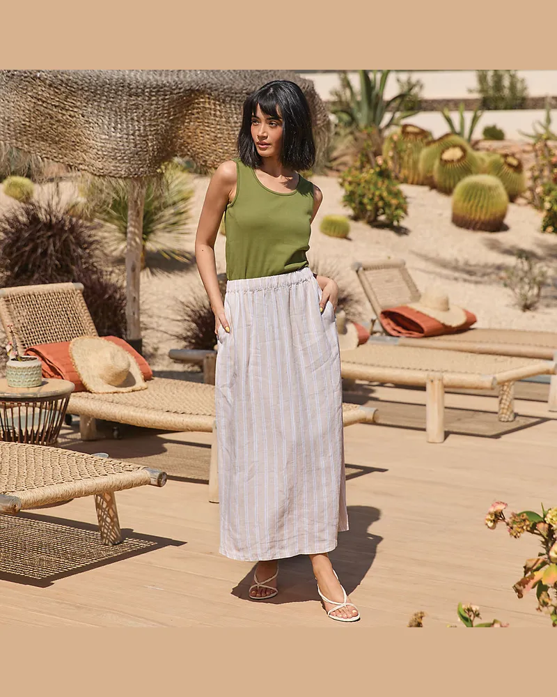 Lands' End Premium Reinleinen-Midirock mit Elastikbund, Damen, Größe regular, Weiß, Leinen, by Weiß