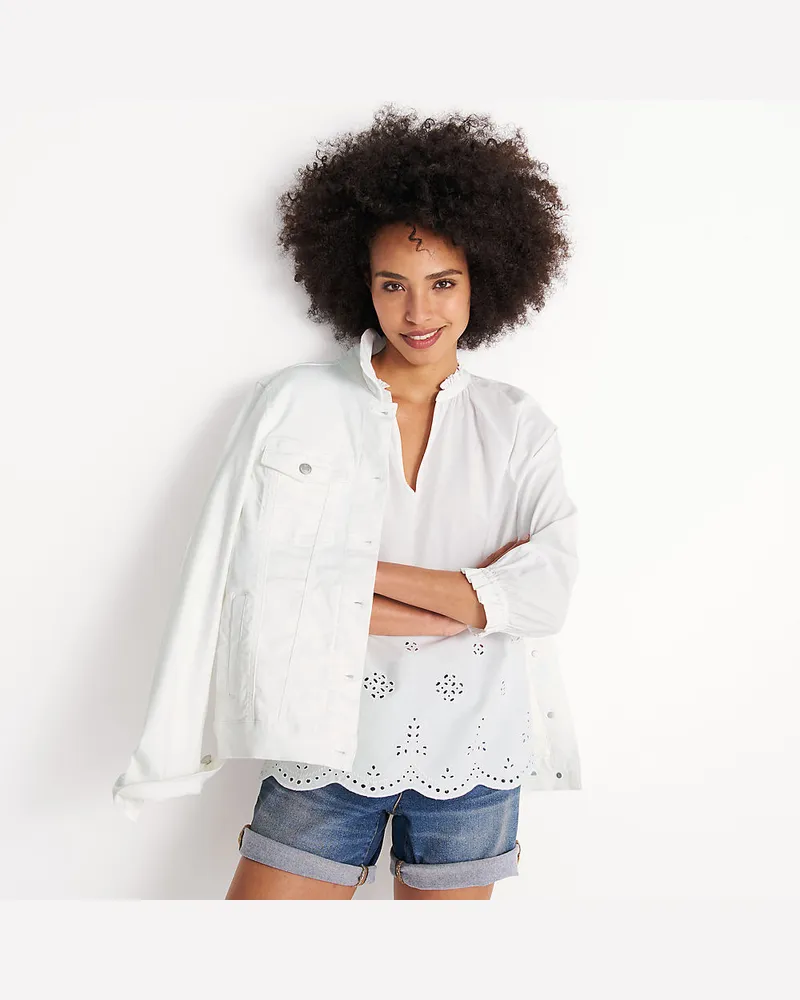 Lands' End Bluse mit Lochmuster und geschlitztem Ausschnitt, Damen, Größe regular, Weiß, Baumwolle, by Weiß