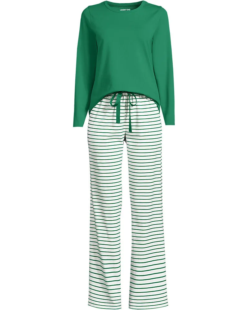 Lands' End Gemustertes Pyjama-Set aus Baumwoll-Jersey, Damen, Größe regular, Weiß, Elasthan/Baumwoll-Mischung, by Weiß