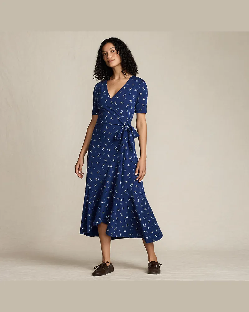 Lands' End Wickelkleid aus Baumwoll/Modalmix mit kurzen Ärmeln, Damen, Größe petite, Blau, Elasthan/Baumwoll-Mischung/Synthetic-blend, by Blau