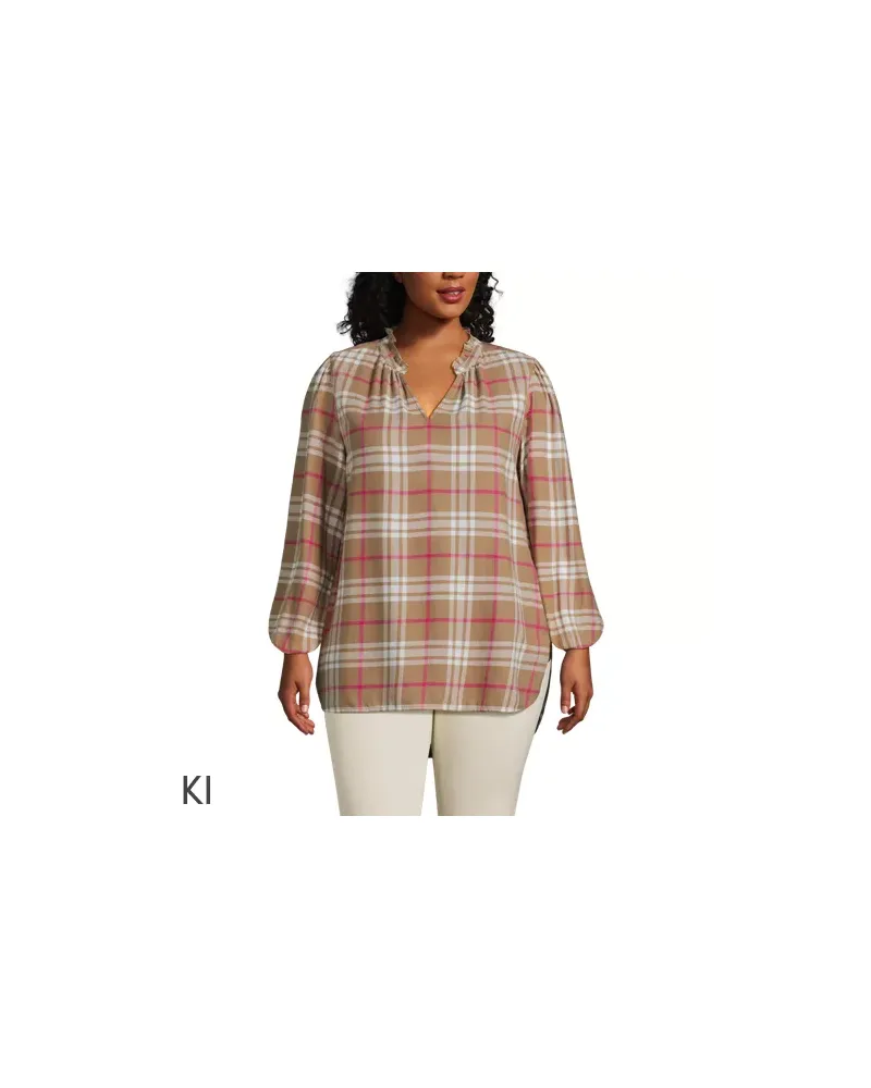 Lands' End Hemdbluse aus Flanell mit Rüschenkragen, Damen, Größe plus, Beige, Viskose/Baumwoll-Mischung/Viskose-Mischung, by Beige