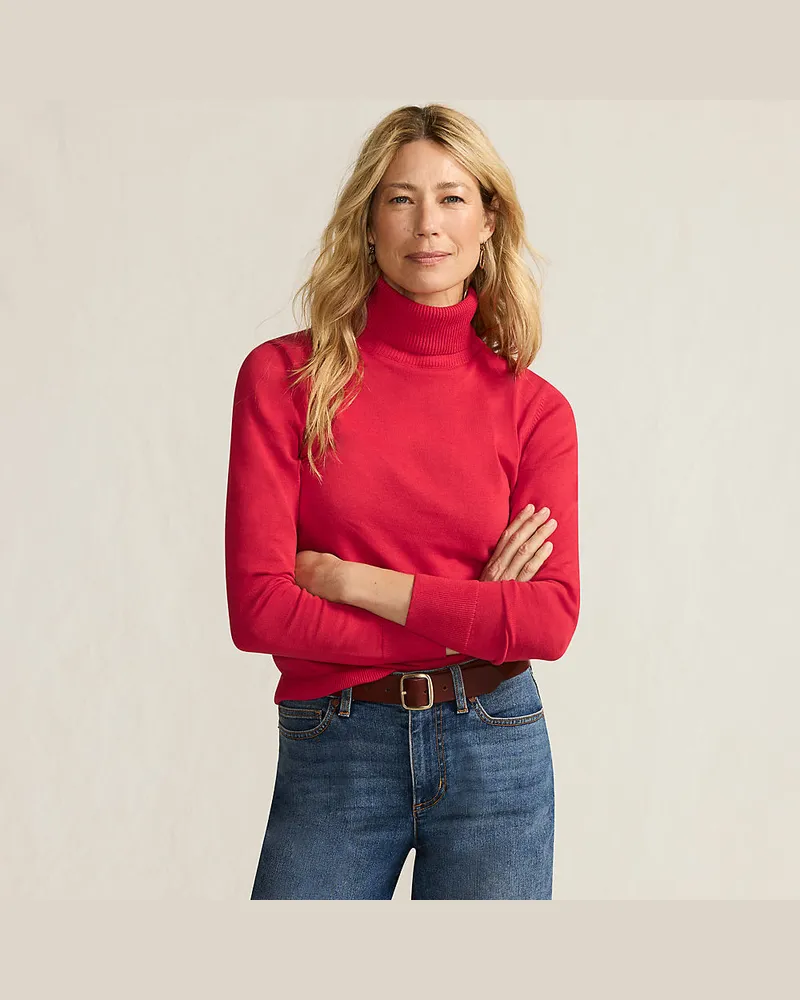 Lands' End Feinstrick-Rollkragenpullover aus Baumwolle, Damen, Größe regular, Rot, Baumwolle, by Rot