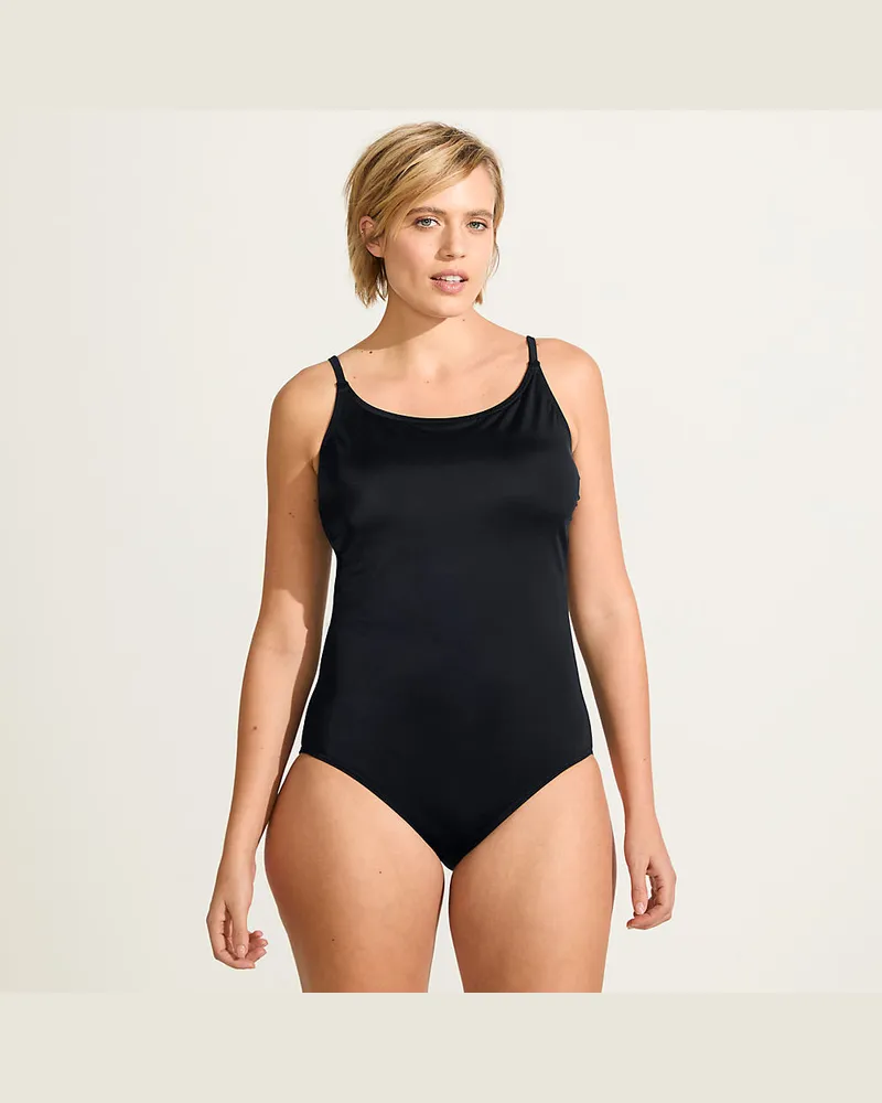 Lands' End Komfort-Badeanzug mit schmalen Trägern, hohes Bein, Damen, Größe plus, Schwarz, Nylon-Mischung, by Schwarz