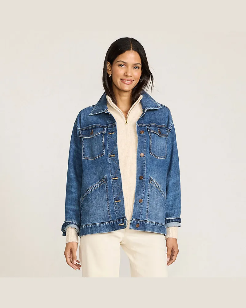 Lands' End Trucker-Jeansjacke, oversized, Damen, Größe regular, Blau, Baumwoll-Mischung/Polyester-Mischung, by Blau