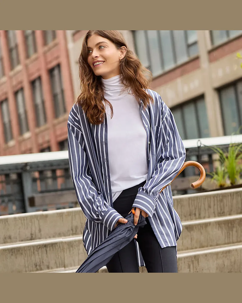 Lands' End Bügelfreie, lange Baumwoll-Hemdbluse, Damen, Größe petite, Blau, Baumwolle, by Blau