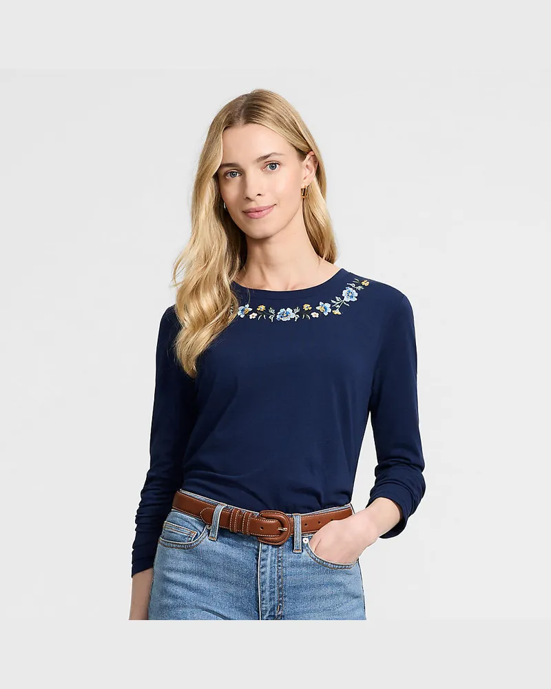 Lands' End Supima Langarmshirt mit besticktem Rundausschnitt, Damen, Größe petite, Blau, Baumwolle, by Blau