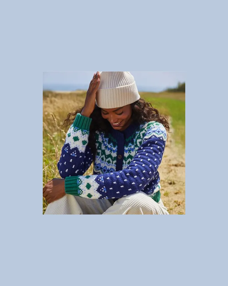 Lands' End Fair Isle Cardigan aus Baumwollmix, Damen, Größe:44-46 regular, Blau, Polyacryl/Schurwolle/Baumwoll-Mischung, by Blau