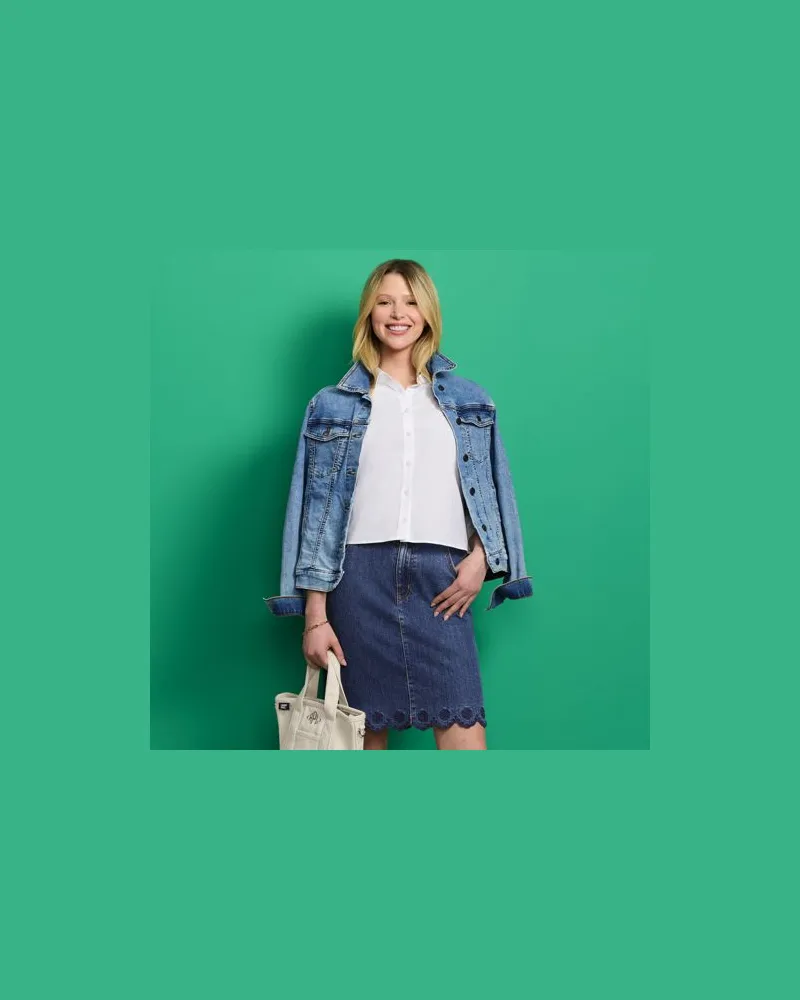 Lands' End Kurzer Soft Denim Rock mit besticktem Saum, Damen, Größe regular, Blau, Elasthan/Baumwoll-Mischung, by Blau