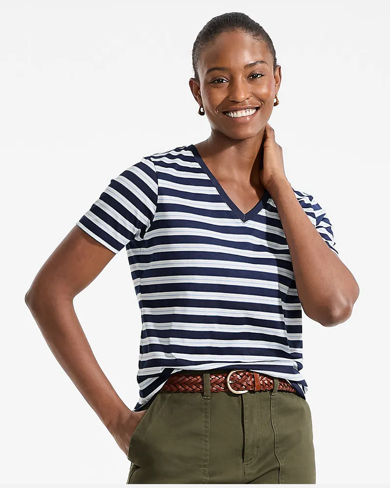 Lands' End Supima Kurzarm-Shirt mit V-Ausschnitt, Damen, Größe regular, Blau, Baumwolle, by Blau
