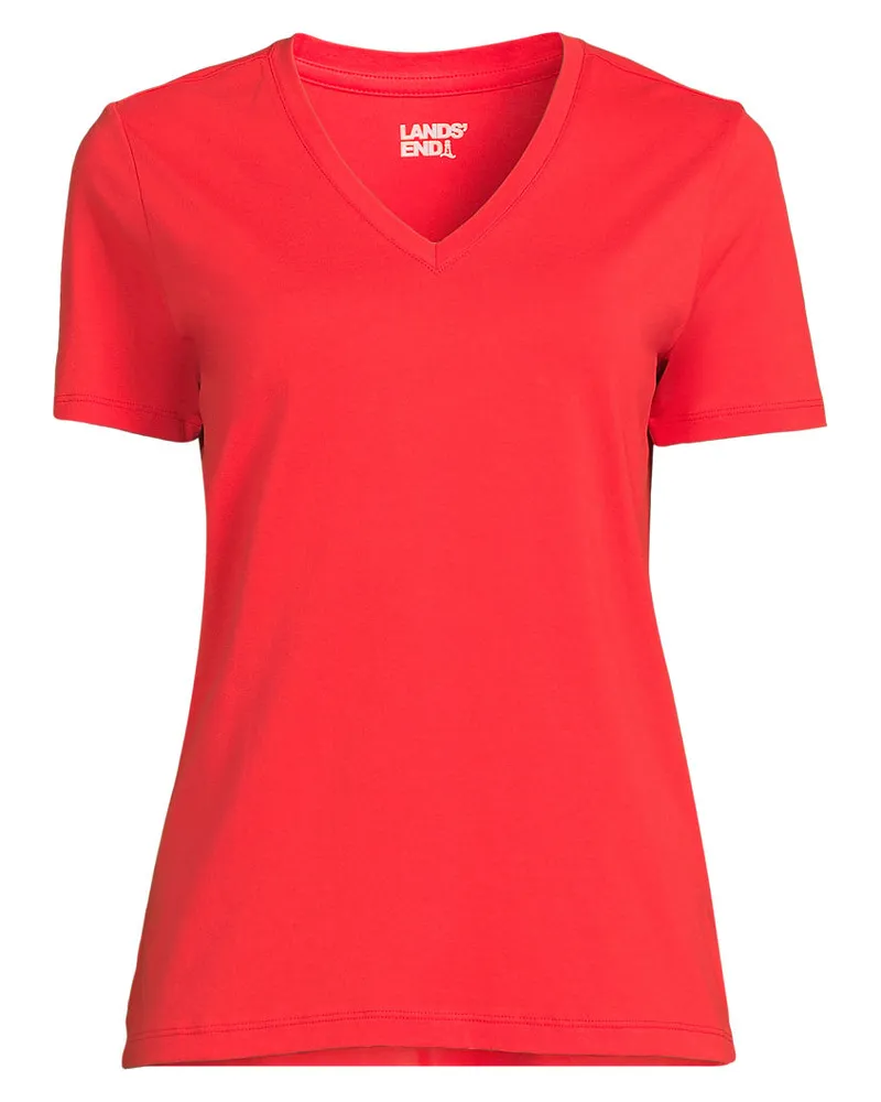 Lands' End Supima Kurzarm-Shirt mit V-Ausschnitt, Damen, GrÃ¶ÃŸe regular, Rot, Baumwolle, by Rot