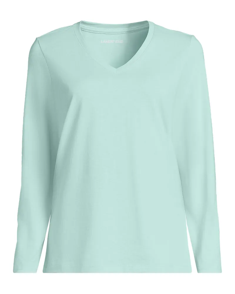 Lands' End Supima® Langarm-Shirt mit V-Ausschnitt, Damen, Größe regular, Blau, Baumwolle, by Blau
