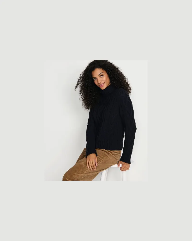 Lands' End Zopfmuster-Rollkragenpullover DRIFTER, Damen, Größe:44-46 regular, Schwarz, Baumwolle, by Schwarz