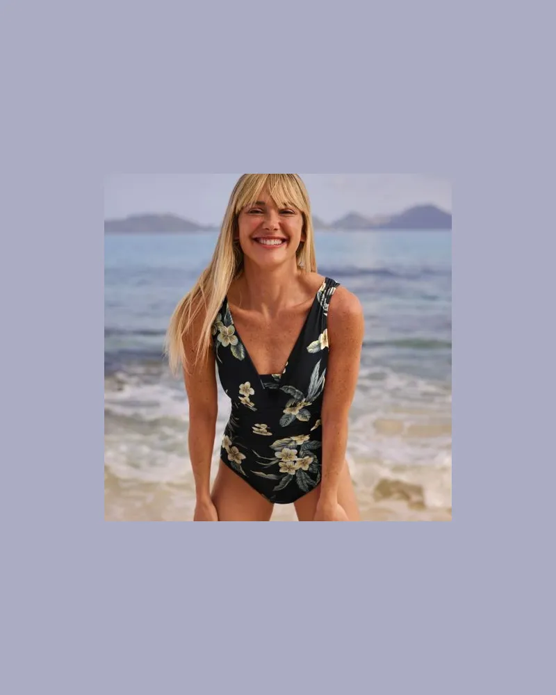 Lands' End Gemusterter Shape-Badeanzug mit V-Ausschnitt SLENDER, Damen, Größe regular, Schwarz, Elasthan/Nylon-Mischung, by Schwarz