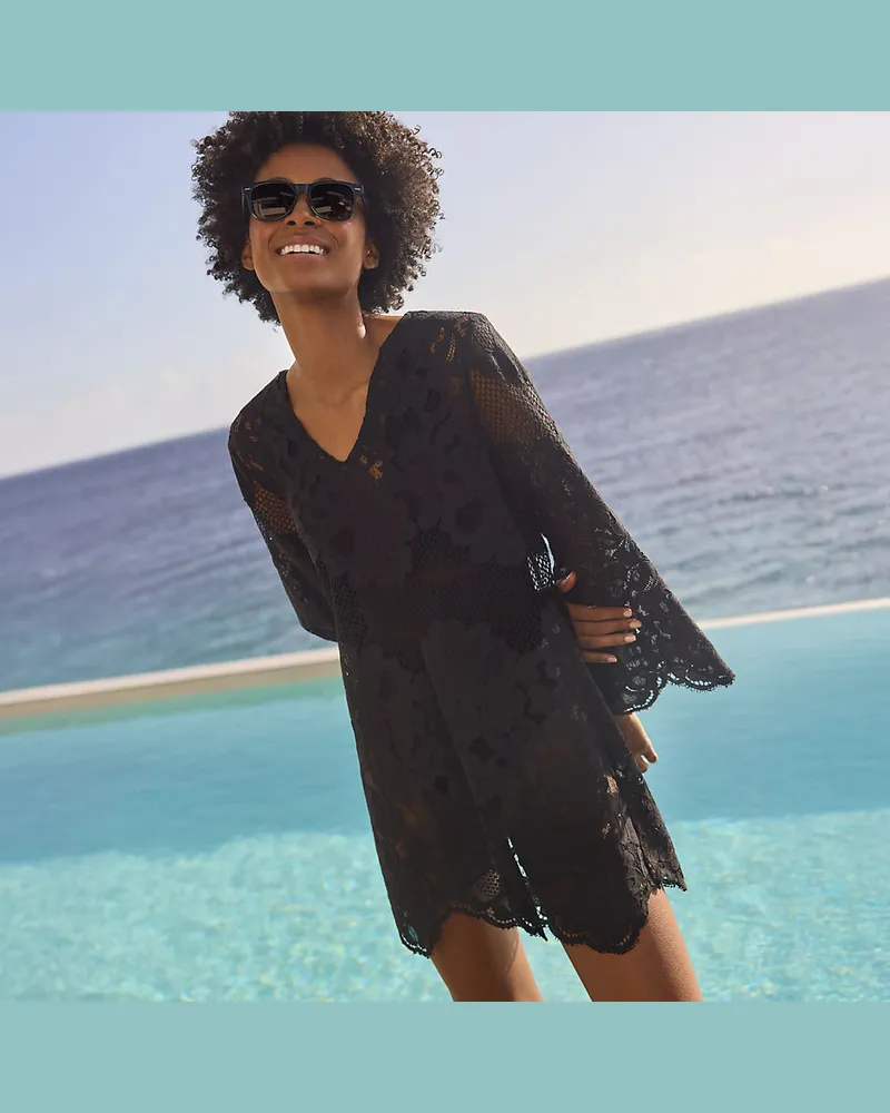 Lands' End Strandkleid aus Spitze, Damen, Größe regular, Schwarz, Baumwoll-Mischung/Nylon-Mischung, by Schwarz