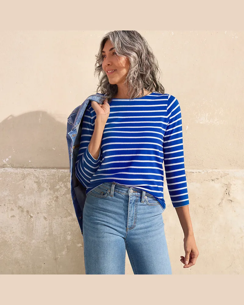 Lands' End Gestreiftes Baumwollshirt mit 3/4-Ärmeln, Damen, Größe regular, Blau, Baumwolle, by Blau
