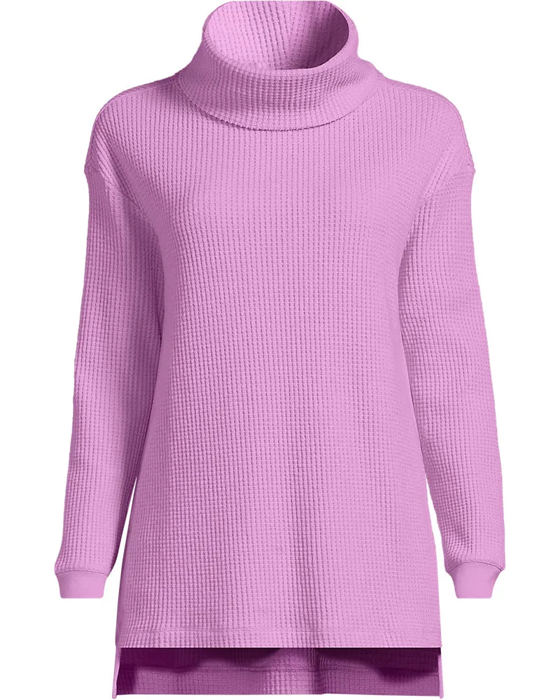 Lands' End Langer Waffelstrick-Pullover mit Wasserfallkragen, Damen, Größe plus, Pink, Baumwoll-Mischung/Polyester-Mischung, by Pink