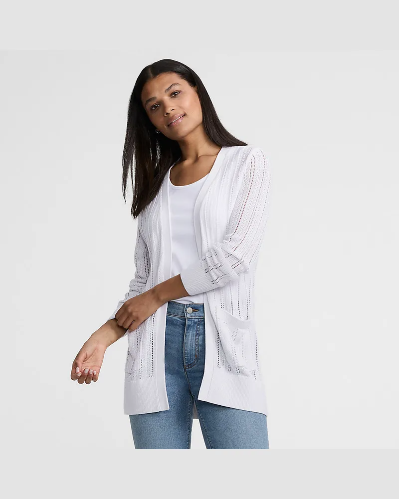 Lands' End Langer offener Soft Flow Ajour-Cardigan aus Leinenmix, Damen, GrÃ¶ÃŸe regular, WeiÃŸ, Baumwolle/Leinen/Lyocell (Viskose), by Weiãÿ