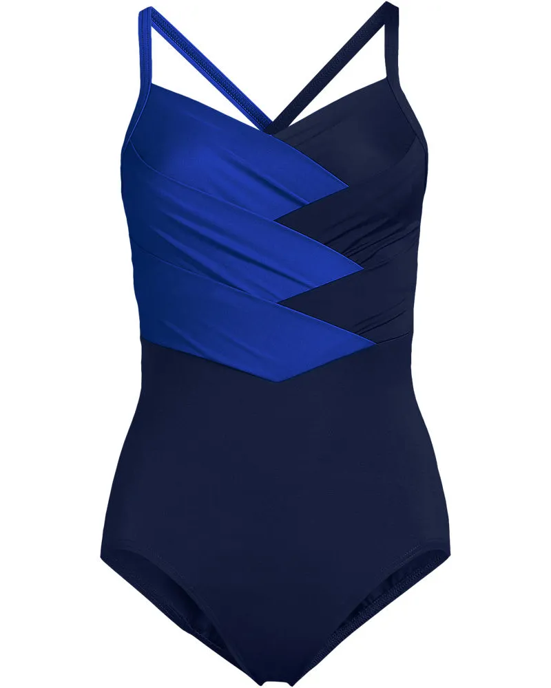 Lands' End Shape-Badeanzug SLENDER mit Webdetail, Damen, Größe plus, Blau, Elasthan/Nylon-Mischung, by Blau