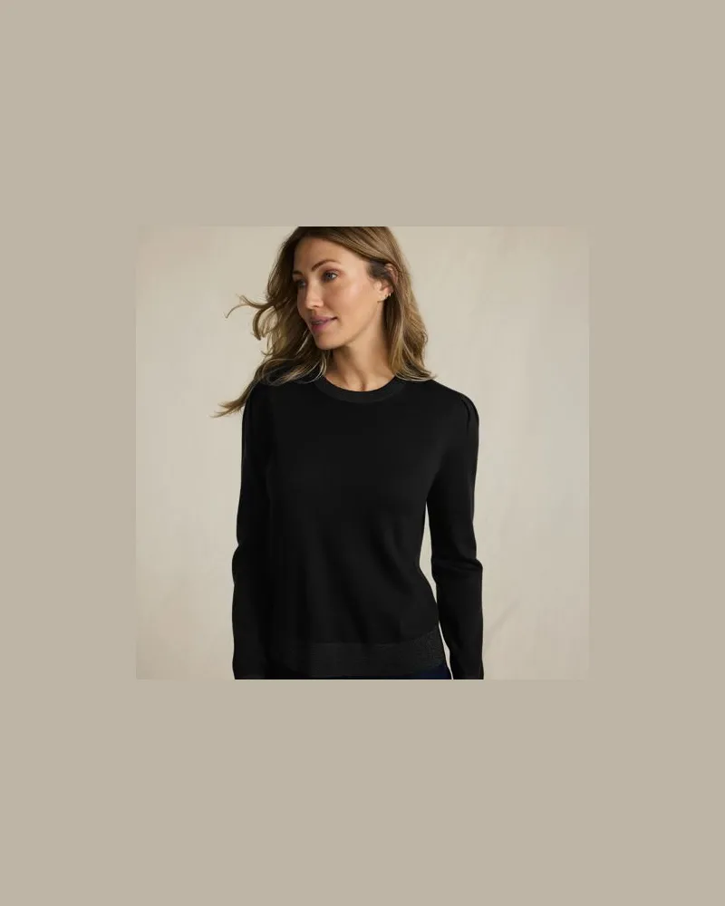 Lands' End Merino-Pullover mit Lurex-Ausschnitt, Damen, Größe:44-46 petite, Schwarz, Wolle, by Schwarz
