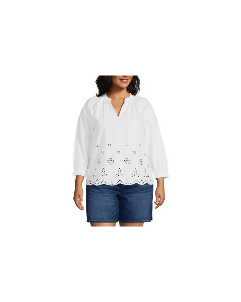 Lands' End Bluse mit Lochmuster und geschlitztem Ausschnitt, Damen, Größe plus, Weiß, Baumwolle, by Weiß