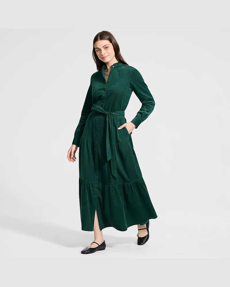 Lands' End Feincord-Maxikleid mit Stufenrock, Damen, Größe regular, Grün, Baumwolle, by Grün