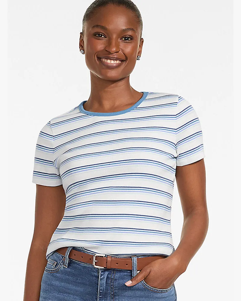 Lands' End Feinripp-Shirt mit Rundhalsausschnitt und kurzen Ärmeln, Damen, Größe regular, Weiß, Baumwolle/Elasthan, by Weiß