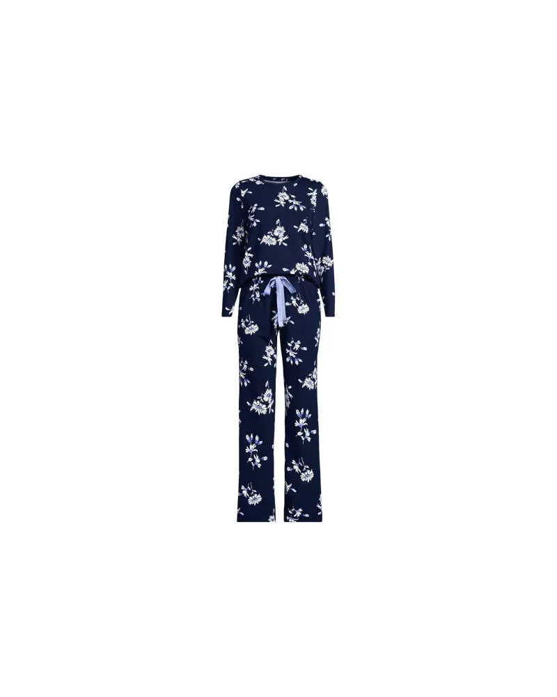 Lands' End Gemustertes Pyjama-Set aus Baumwoll-Jersey, Damen, Größe regular, Blau, Elasthan/Baumwoll-Mischung, by Blau