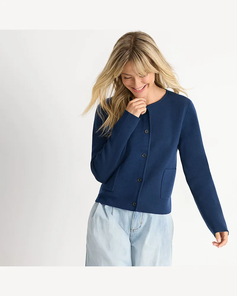 Lands' End Kragenloser Feinstrick-Blazer, Damen, Größe regular, Blau, Baumwolle, by Blau