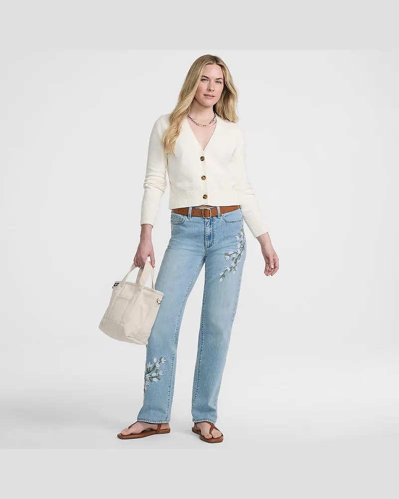 Lands' End Bestickte Soft Denim Relaxte Straight Fit Jeans Mid Waist, Damen, Größe regular, Blau, Elasthan/Baumwoll-Mischung, by Blau