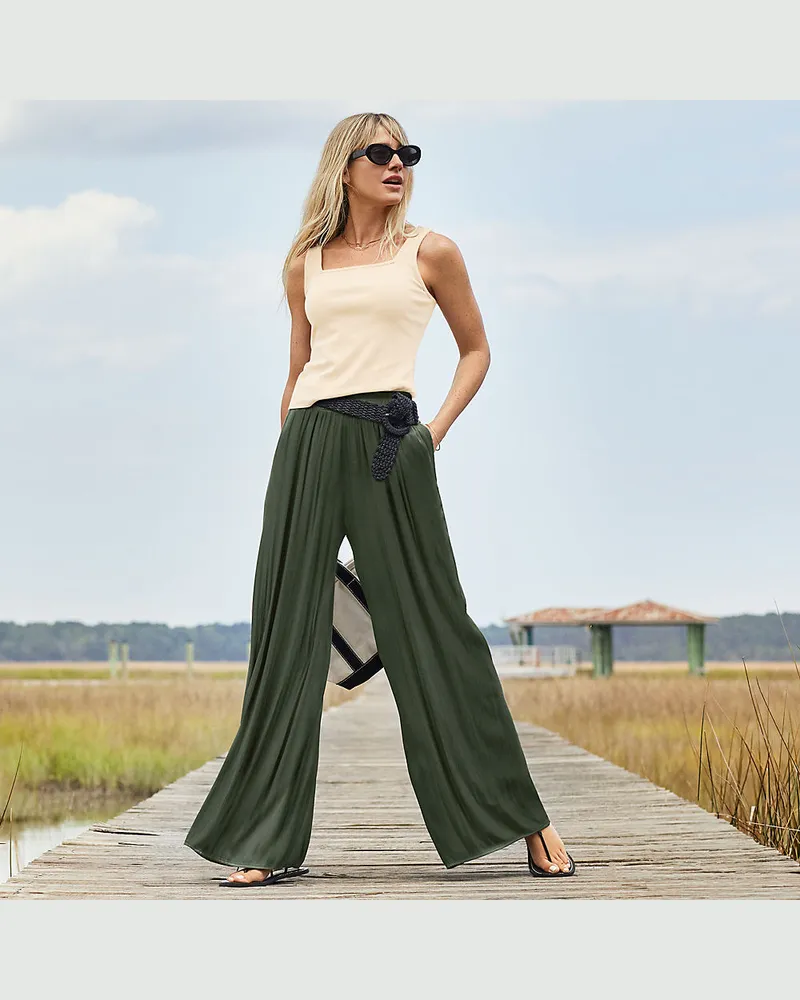 Lands' End Fließende Palazzo-Hose, Damen, Größe regular, Grün, Polyester, by Grün