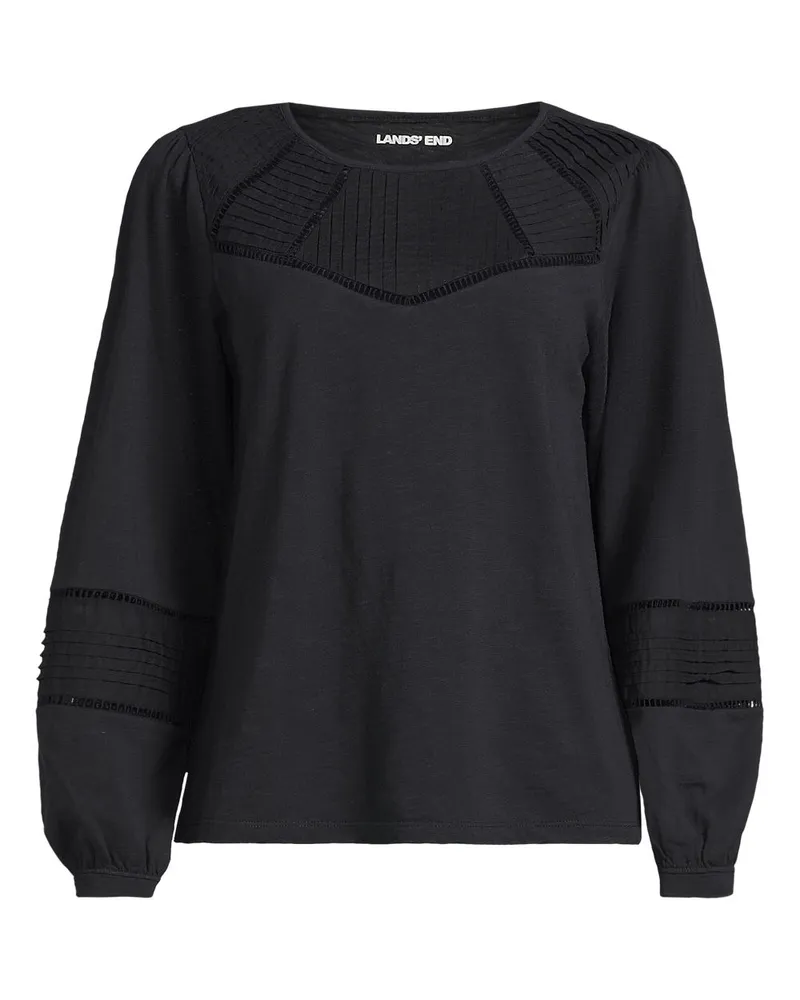 Lands' End Flammgarn-Shirt mit Biesen-Verzierung, Damen, Größe regular, Schwarz, Baumwolle, by Schwarz