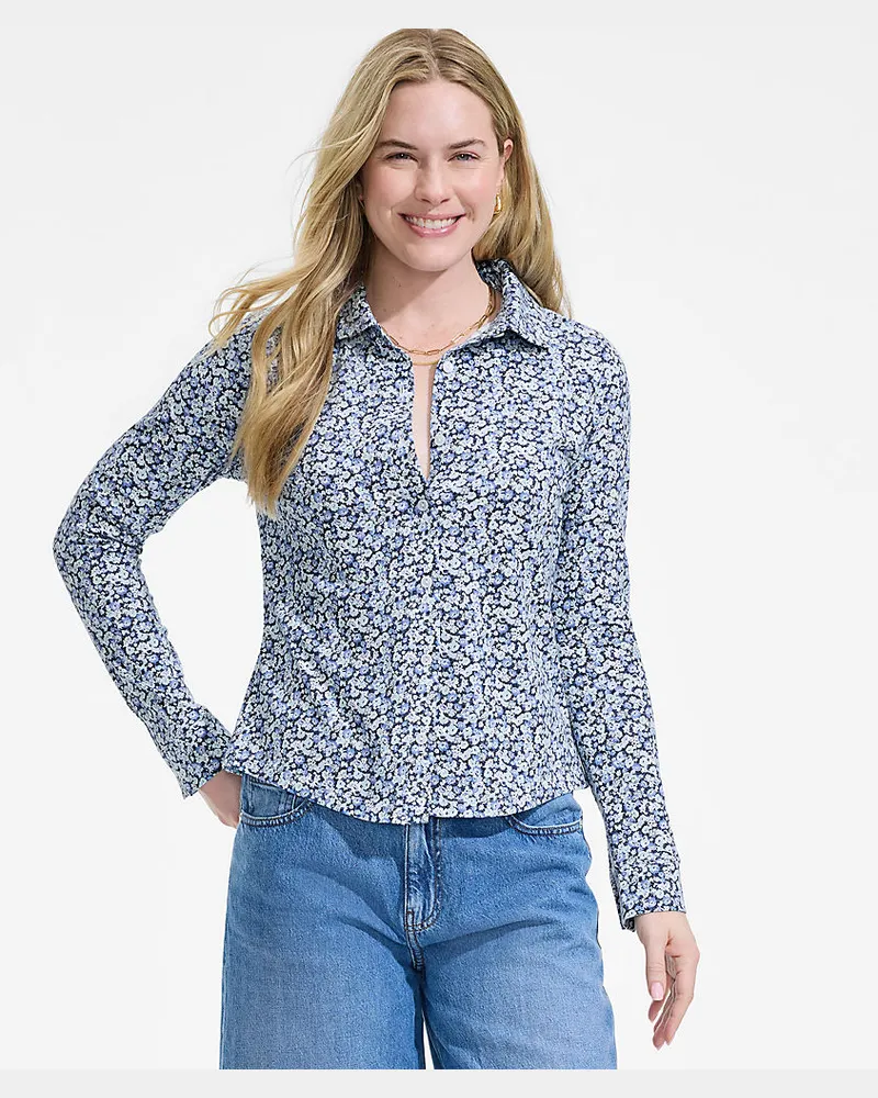 Lands' End LangÃ¤rmelige Supima-Jerseybluse, Damen, GrÃ¶ÃŸe regular, Blau, Baumwolle, by Blau
