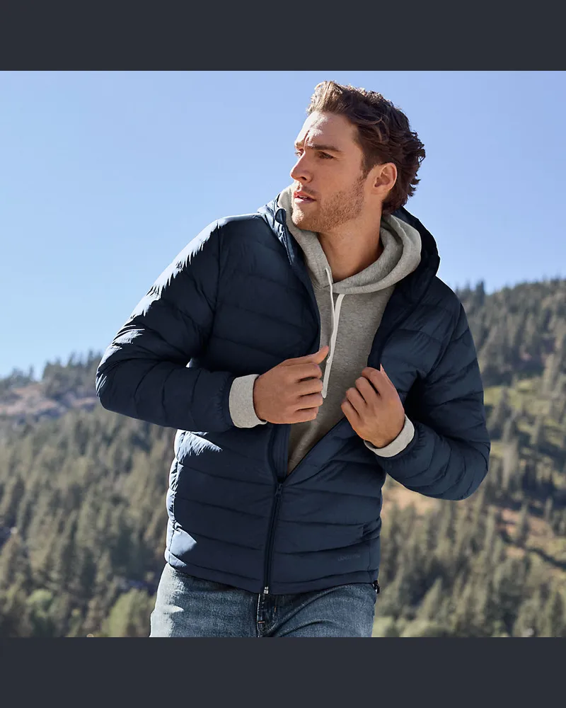 Lands' End Ultraleichte verstaubare Daunen-Kapuzenjacke WANDERWEIGHT, Herren, Größe regular, Blau, Polyester/Nylon, by Blau