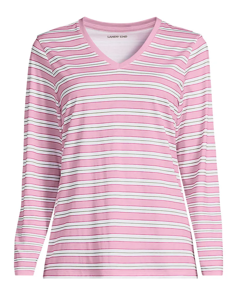 Lands' End Supima® Langarm-Shirt mit V-Ausschnitt, Damen, Größe plus, Pink, Baumwolle, by Pink