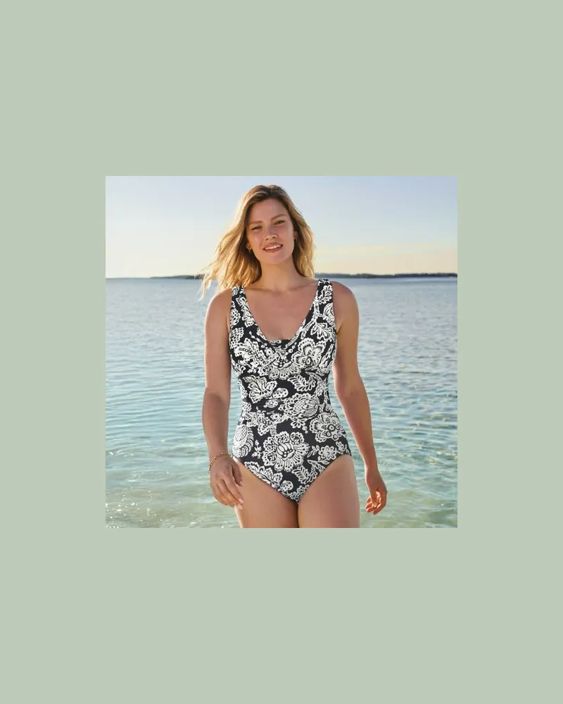 Lands' End Shape-Badeanzug mit V-Ausschnitt und verstellbaren Trägern SLENDER, Damen, Größe regular, Schwarz, Nylon-Mischung, by Schwarz