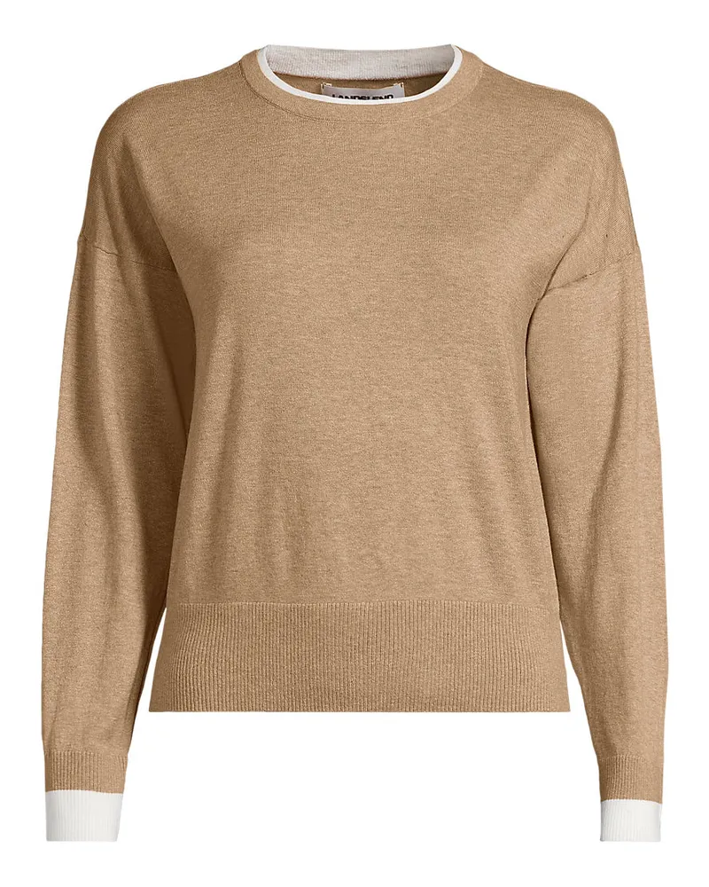 Lands' End Feinstrick-Baumwollpullover mit unterlegtem Ausschnitt, Damen, Größe plus, Beige, Baumwolle, by Beige