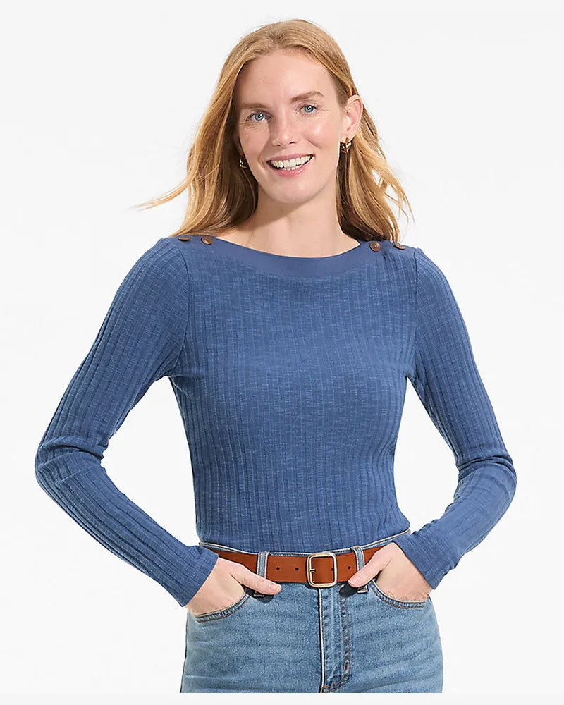 Lands' End Rippstrick-Shirt mit U-Boot-Ausschnitt, Damen, Größe regular, Blau, Elasthan/Baumwoll-Mischung/Polyester-Mischung, by Blau