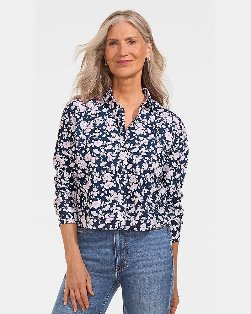 Lands' End Kurze, bügelfreie Hemdbluse, Damen, Größe regular, Blau, Baumwolle, by Blau