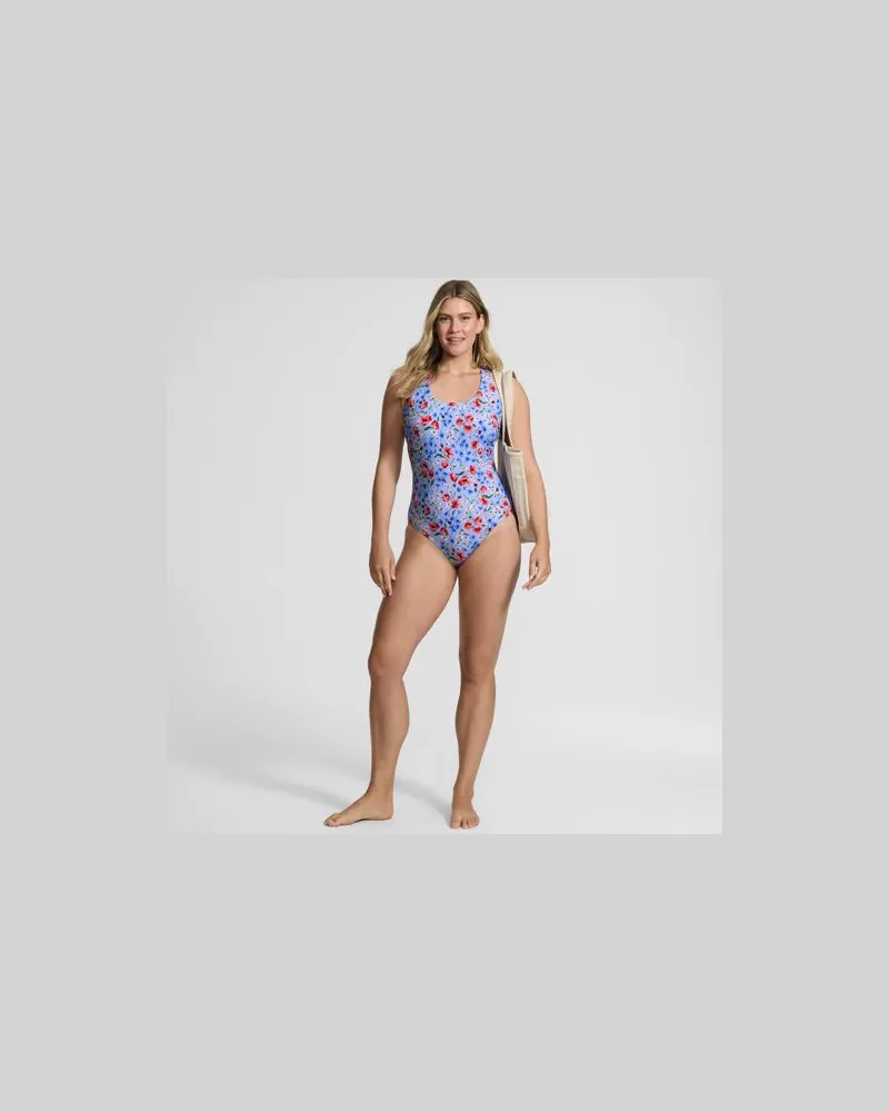 Lands' End Komfort-Badeanzug mit gekreuzten Trägern, hohes Bein, Damen, Größe regular, Blau, Nylon-Mischung, by Blau