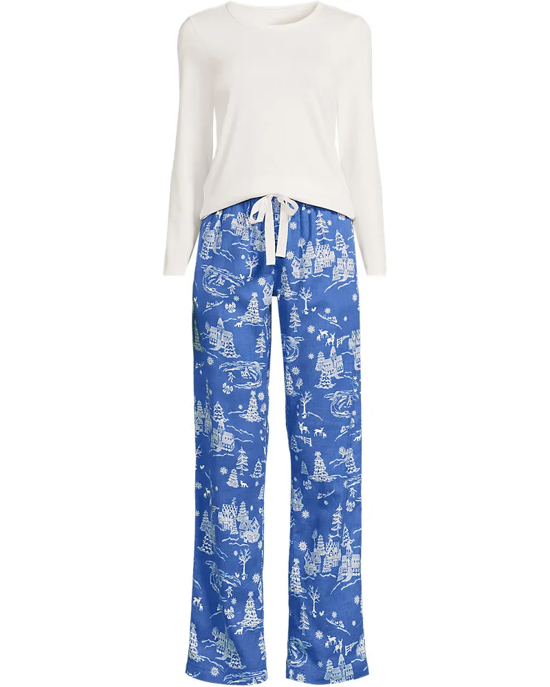 Lands' End Pyjama-Set mit Flanellhose, Damen, Größe regular, Blau, Baumwolle/Baumwoll-Mischung/Viskose-Mischung, by Blau