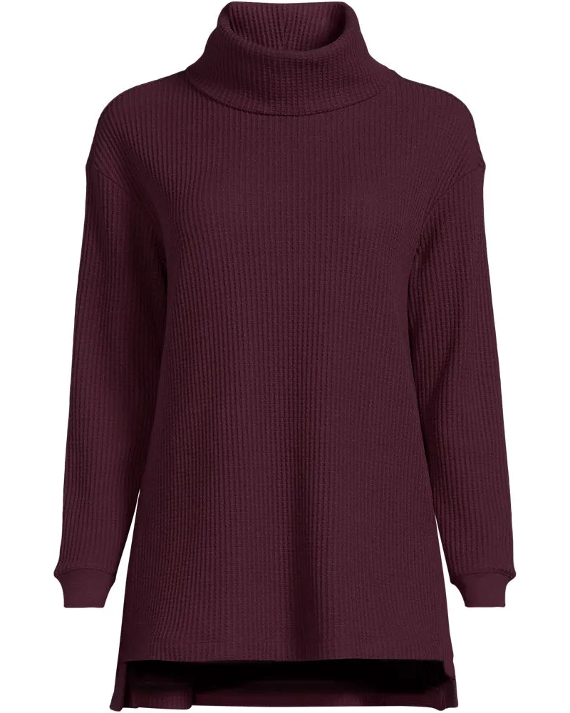 Lands' End Langer Waffelstrick-Pullover mit Wasserfallkragen, Damen, Größe plus, Rot, Baumwoll-Mischung/Polyester-Mischung, by Rot
