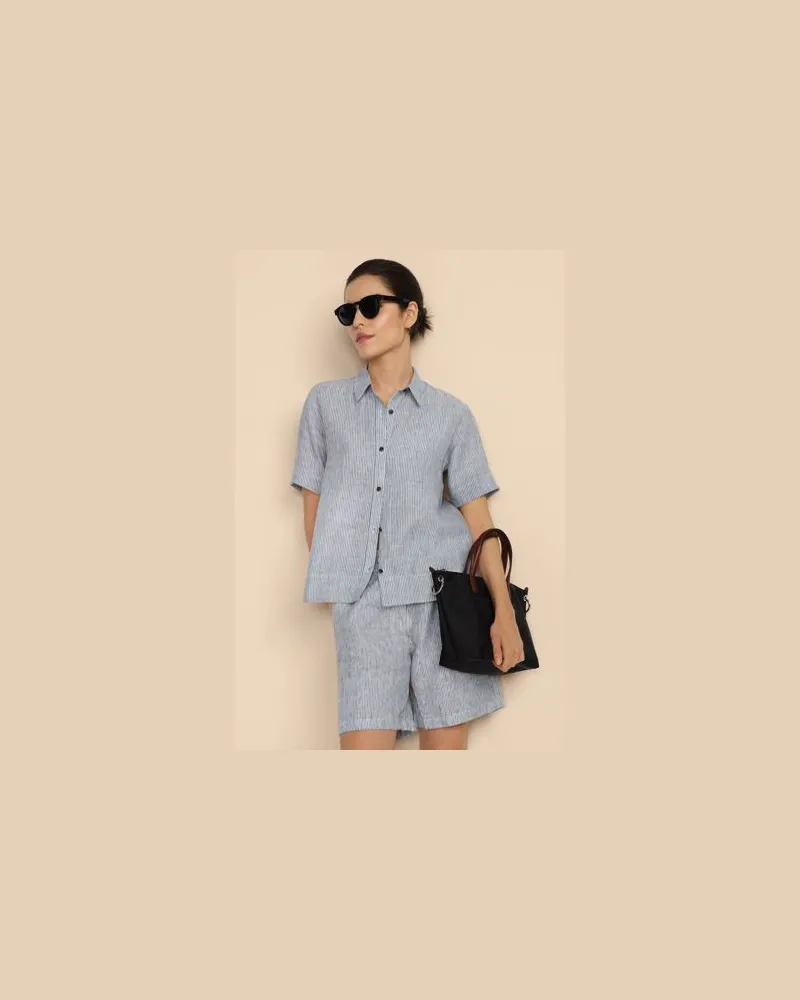 Lands' End Kurzarm-Leinenhemd, Damen, Größe regular, Schwarz, Leinen, by Schwarz