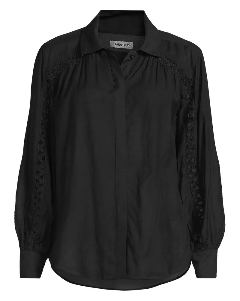 Lands' End Geraffte Bluse aus Voile mit Spitzeneinsätzen, Damen, Größe regular, Schwarz, Baumwoll-Mischung/Viskose-Mischung, by Schwarz