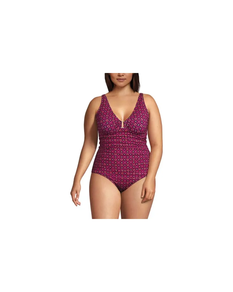 Lands' End Badeanzug mit Ringdetail und V-Ausschnitt, Damen, Größe plus, Lila, Nylon-Mischung, by Lila