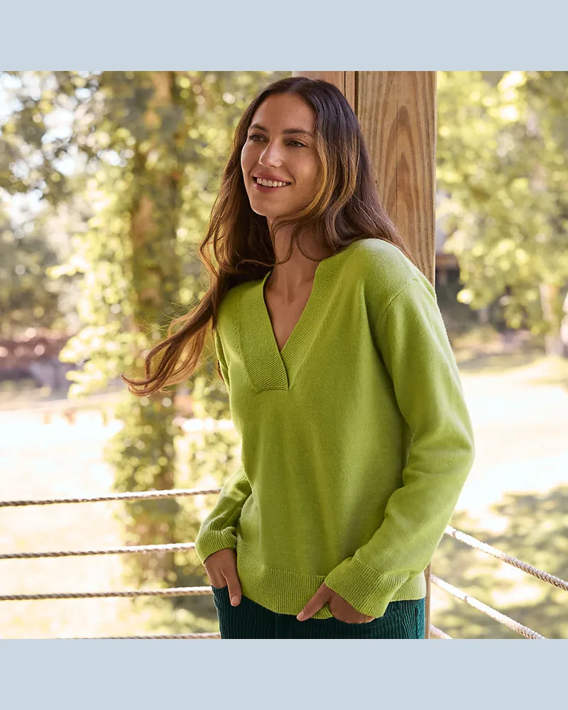 Lands' End CashTouch Pullover mit V-Ausschnitt, Damen, Größe regular, Grün, Baumwoll-Mischung/Polyester-Mischung/Nylon-Mischung, by Grün