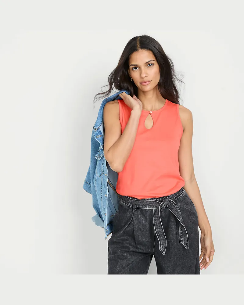 Lands' End Supima-Top mit Keyhole-Ausschnitt, Damen, Größe regular, Orange, Baumwolle, by Orange