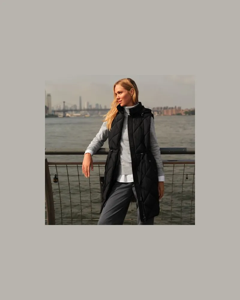 Lands' End Lange Steppweste mit geraffter Taille, Damen, Größe regular, Schwarz, Polyester, by Schwarz